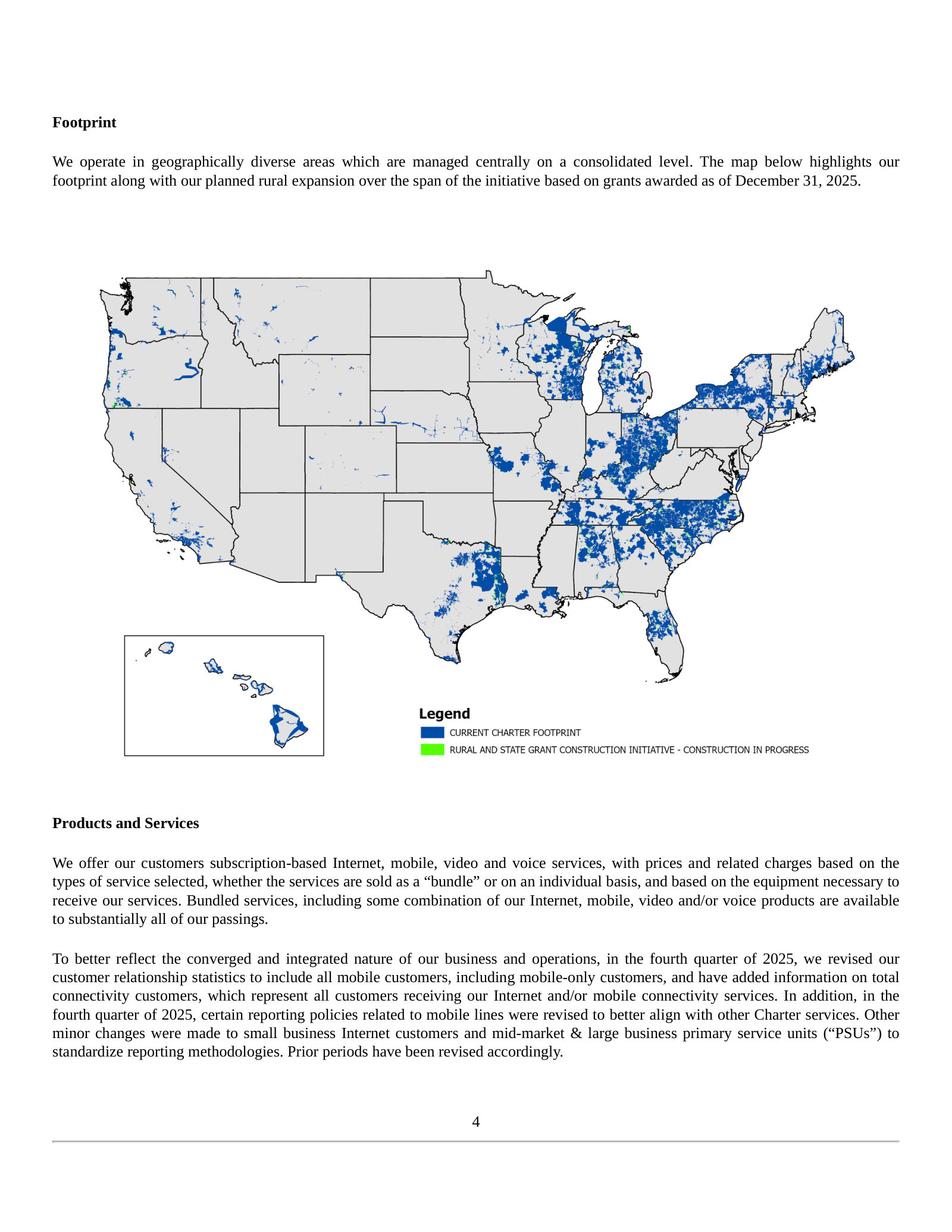 Footprint map: the current Charter service area plus rural and state-grant construction in progress as of December 31, 2025.